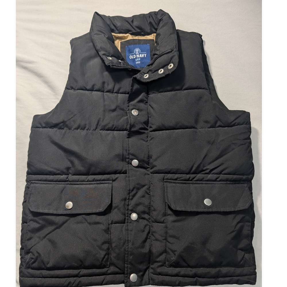 Old Navy Mens Small Black Puffer Vest Quilted Full Zip Snap Front Layering Gilet